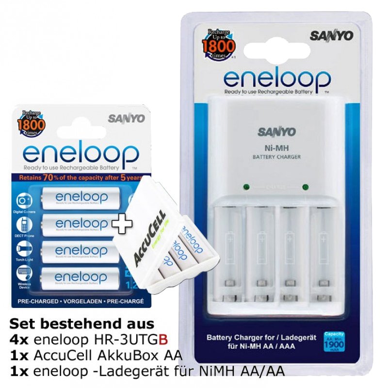 Stecker-Ladegerät weiß mit 4x Panasonic eneloop Standard HR-3UTG und AccuCell Akkubox AA