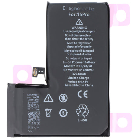 AccuCell Akku passend für Apple iPhone 15 Pro, diagnostizierbar, Li-Polymer, 3,87V, 3274mAh, 12,7Wh, ohne Werkzeug