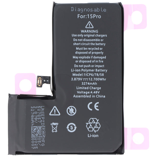 Akku passend für Apple iPhone 15 Pro, diagnostizierbar, Li-Polymer, 3,87V, 3274mAh, 12,7Wh, ohne Werkzeug