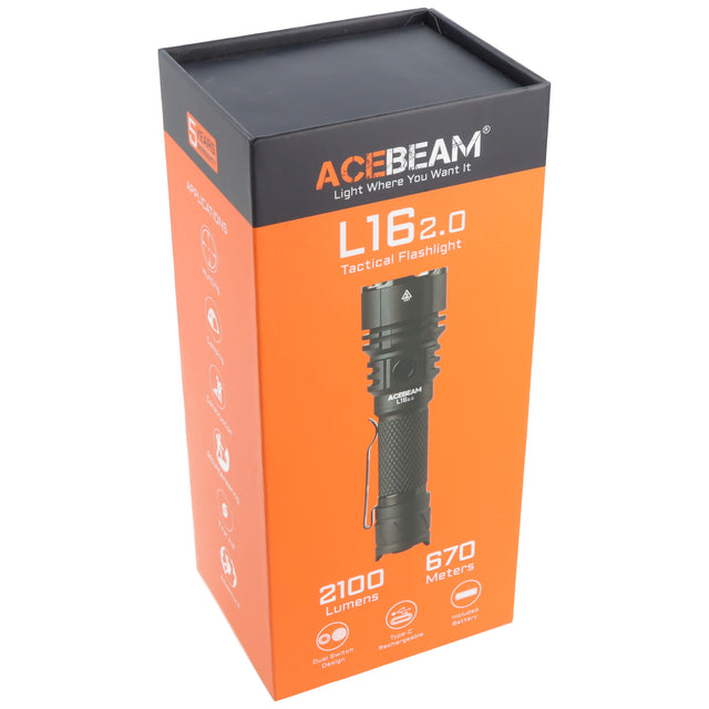 AceBeam L16 2.0 – taktische LED-Taschenlampe mit 5.000 K, 2.100 Lumen und 670 m Reichweite (schwarz)