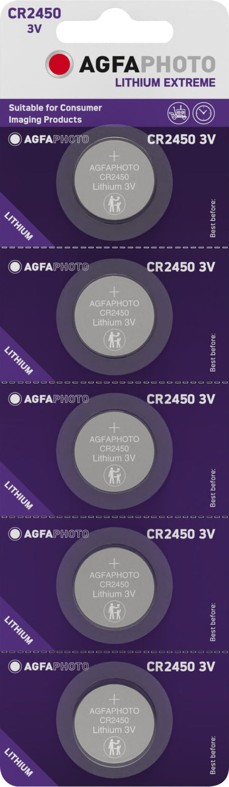 Agfaphoto Batterie Lithium, Knopfzelle, CR2450, 3V Extreme, Retail Blister (5-Pack)