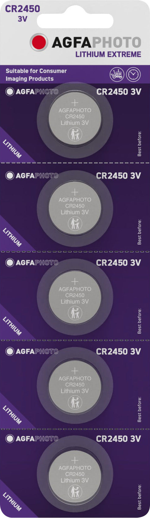 Agfaphoto Batterie Lithium, Knopfzelle, CR2450, 3V Extreme, Retail Blister (5-Pack)