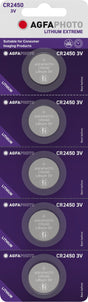 Agfaphoto Batterie Lithium, Knopfzelle, CR2450, 3V Extreme, Retail Blister (5-Pack)