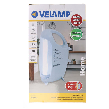 Velamp Akku-Leuchte mit Anti Black-Out Funktion, tragbare wiederaufladbare LED-Notleuchte, 320 Lumen, mit Transformator