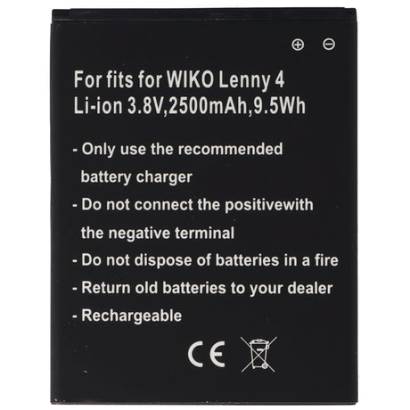 AccuCell Akku nur passend für den WIKO Lenny 4 Akku 3913, Lenny 4 Plus, Harry Li-Ion, 3,8 Volt 2500mAh, 9,5Wh, removable