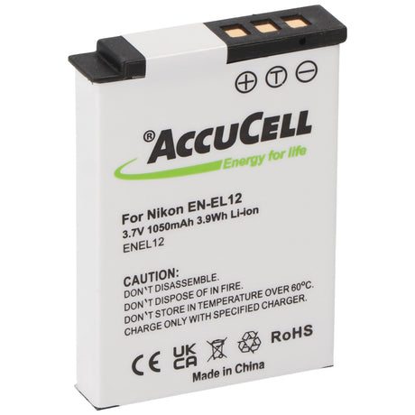AccuCell Akku passend für Nikon EN-EL12 Akku, CoolPix S610, S610C, S710, 44,5 x 31,9 x 7,9mm