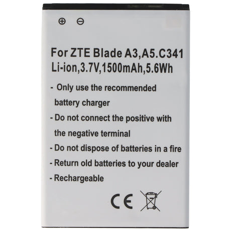 AccuCell Akku passend für ZTE Blade A3, A5, C341, Li-Ion, 3,7V, 1500mAh, 5,6Wh