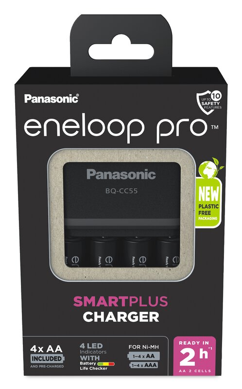 Panasonic Ladegerät Smart & Quick Charger BQ-CC55E + 4x Eneloop Pro AA Akku