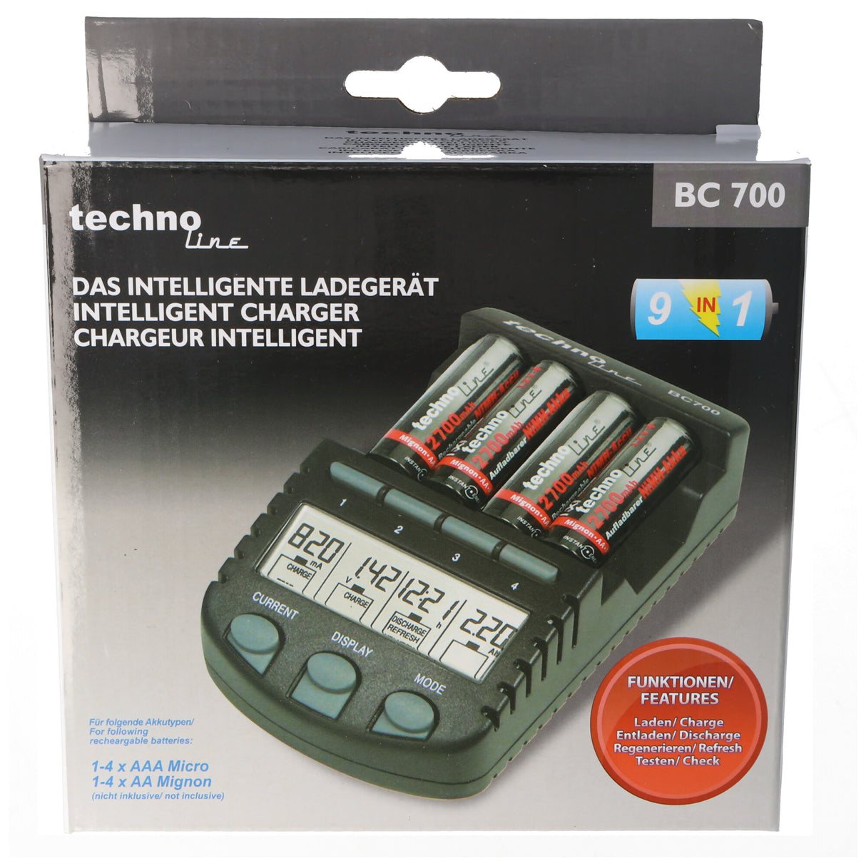 Technoline BC-700 Schnell-Ladegerät mit LCD-Display und Entladefunktion