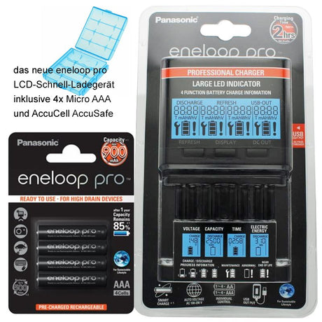 Panasonic eneloop Ladegerät BQ-CC65 inkl. LCD-Display, 4 eneloop Pro AAA Micro, AccuCell Box Blue