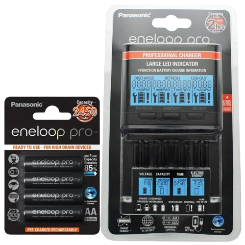 Panasonic eneloop Ladegerät BQ-CC65 inkl. LCD-Display, 4 eneloop Pro AA Mignon, AccuCell Box Blue