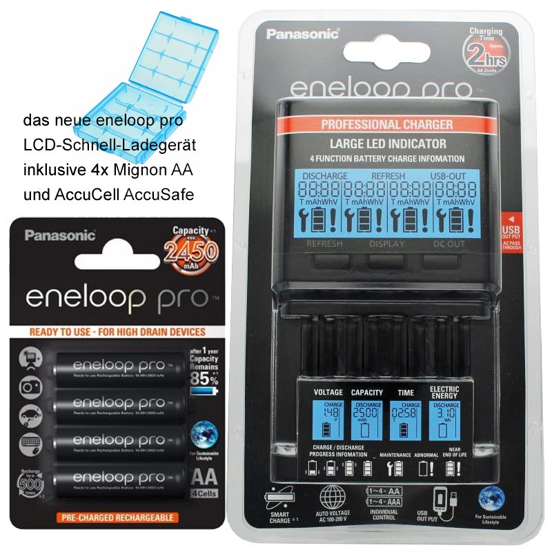 Panasonic eneloop Ladegerät BQ-CC65 inkl. LCD-Display, 4 eneloop Pro AA Mignon, AccuCell Box Blue
