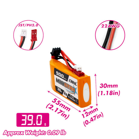 CNHL MiniStar 900 mAh 7,4 V 2S 30C LiPo-Akku mit PH2.0 und JST ( 2 St.)