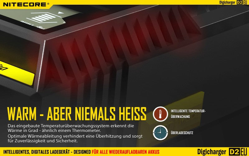 Nitecore Digicharger D2 EU - Ladegerät für Li-Ion, Ni-MH, Ni-CD und LIFePo4 Akkus