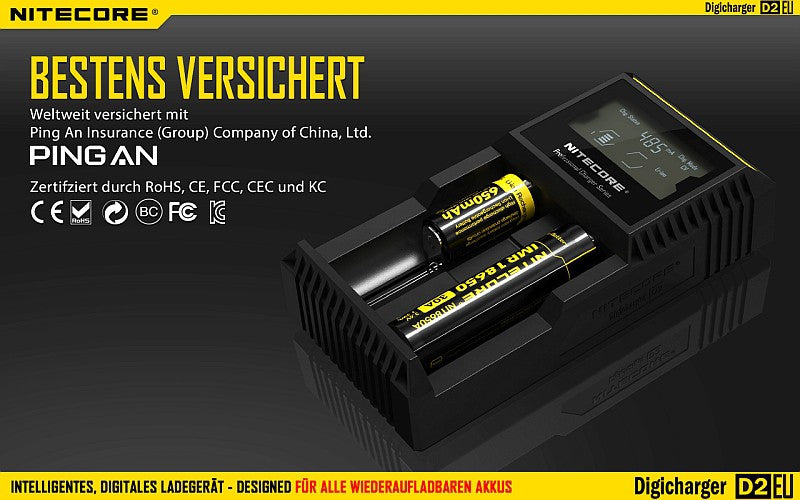 Nitecore Digicharger D2 EU - Ladegerät für Li-Ion, Ni-MH, Ni-CD und LIFePo4 Akkus