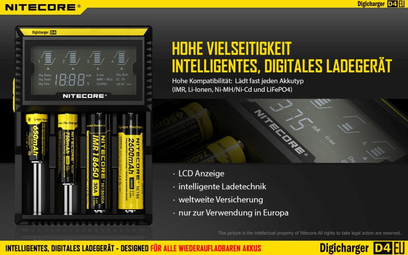 Nitecore Sysmax Digicharger D4 EU - intelligentes Ladegerät für Li-Ion, LiFePo4, Ni-MH, Ni-CD Akkus