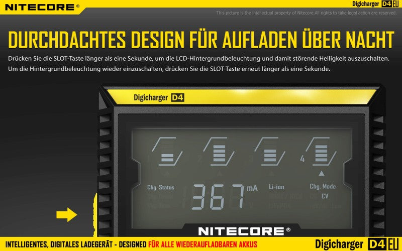Nitecore Sysmax Digicharger D4 EU - intelligentes Ladegerät für Li-Ion, LiFePo4, Ni-MH, Ni-CD Akkus