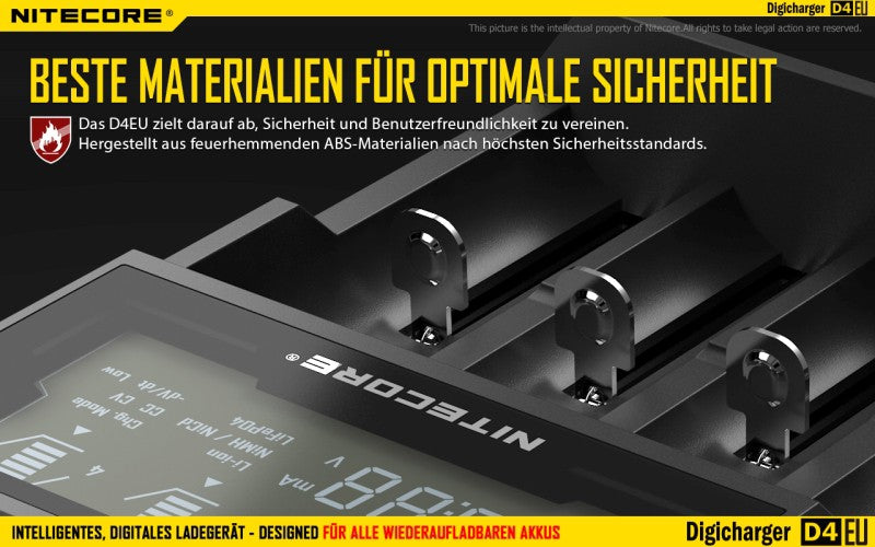 Nitecore Sysmax Digicharger D4 EU - intelligentes Ladegerät für Li-Ion, LiFePo4, Ni-MH, Ni-CD Akkus