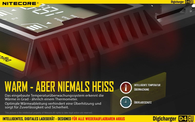Nitecore Sysmax Digicharger D4 EU - intelligentes Ladegerät für Li-Ion, LiFePo4, Ni-MH, Ni-CD Akkus