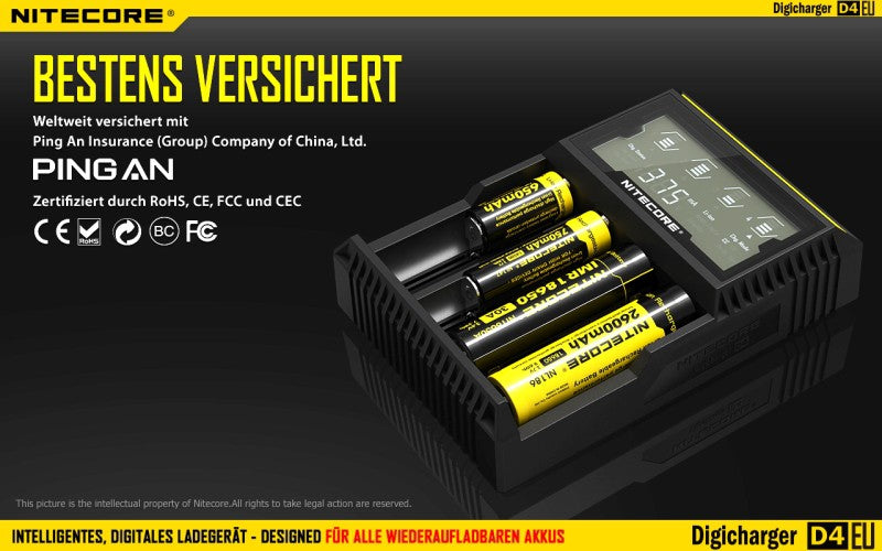 Nitecore Sysmax Digicharger D4 EU - intelligentes Ladegerät für Li-Ion, LiFePo4, Ni-MH, Ni-CD Akkus
