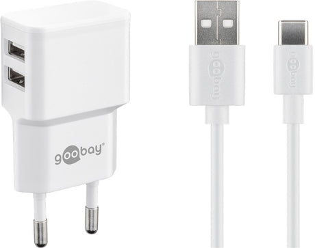 Goobay Dual Ladeset 2,4 A, Netzteil mit 2x USB-Ausgang inklusive USB-Ladekabel, weiß