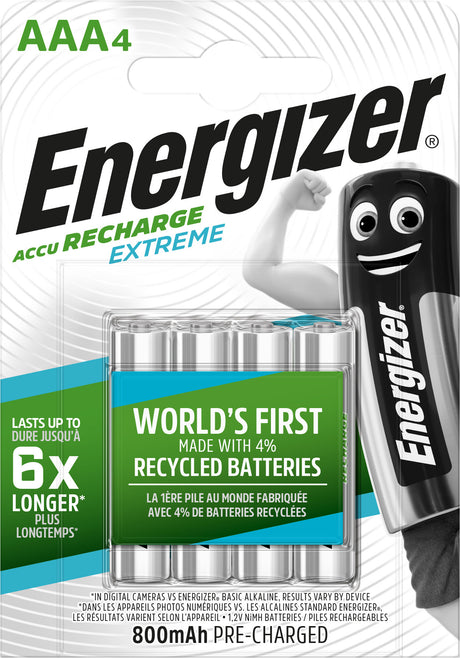 Energizer Akku NiMH, Micro, AAA, HR03, 1.2V/800mAh Extreme, Pre-charged, Retail Blister (4-Pack)