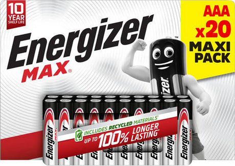 Energizer Batterie Alkaline, Micro, AAA, LR03, 1.5V Max, Retail Blister (20-Pack)