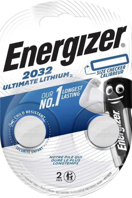 Energizer Batterie Lithium, Knopfzelle, CR2032, 3V Ultimate Lithium, Retail Blister (2-Pack)