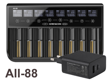 Enova Gyrfalcon All-88 - 8fach Akkuladegerät für Li-Ion 1,5V; 3,6 - 3,7V LiFePO4 3,2V & NiMH