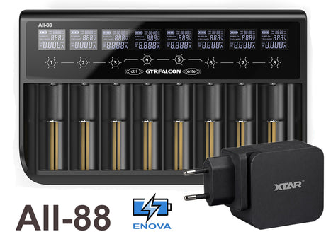 Enova Gyrfalcon All-88 - 8fach Akkuladegerät für Li-Ion 1,5V; 3,6 - 3,7V LiFePO4 3,2V & NiMH