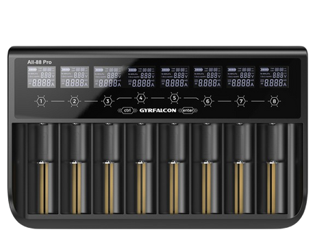 Enova Gyrfalcon All-88 Pro - 8fach Akkuladegerät für Li-Ion 1,5V; 3,6 - 3,7V LiFePO4 3,2V & NiMH