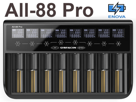 Enova Gyrfalcon All-88 Pro - 8fach Akkuladegerät für Li-Ion 1,5V; 3,6 - 3,7V LiFePO4 3,2V & NiMH