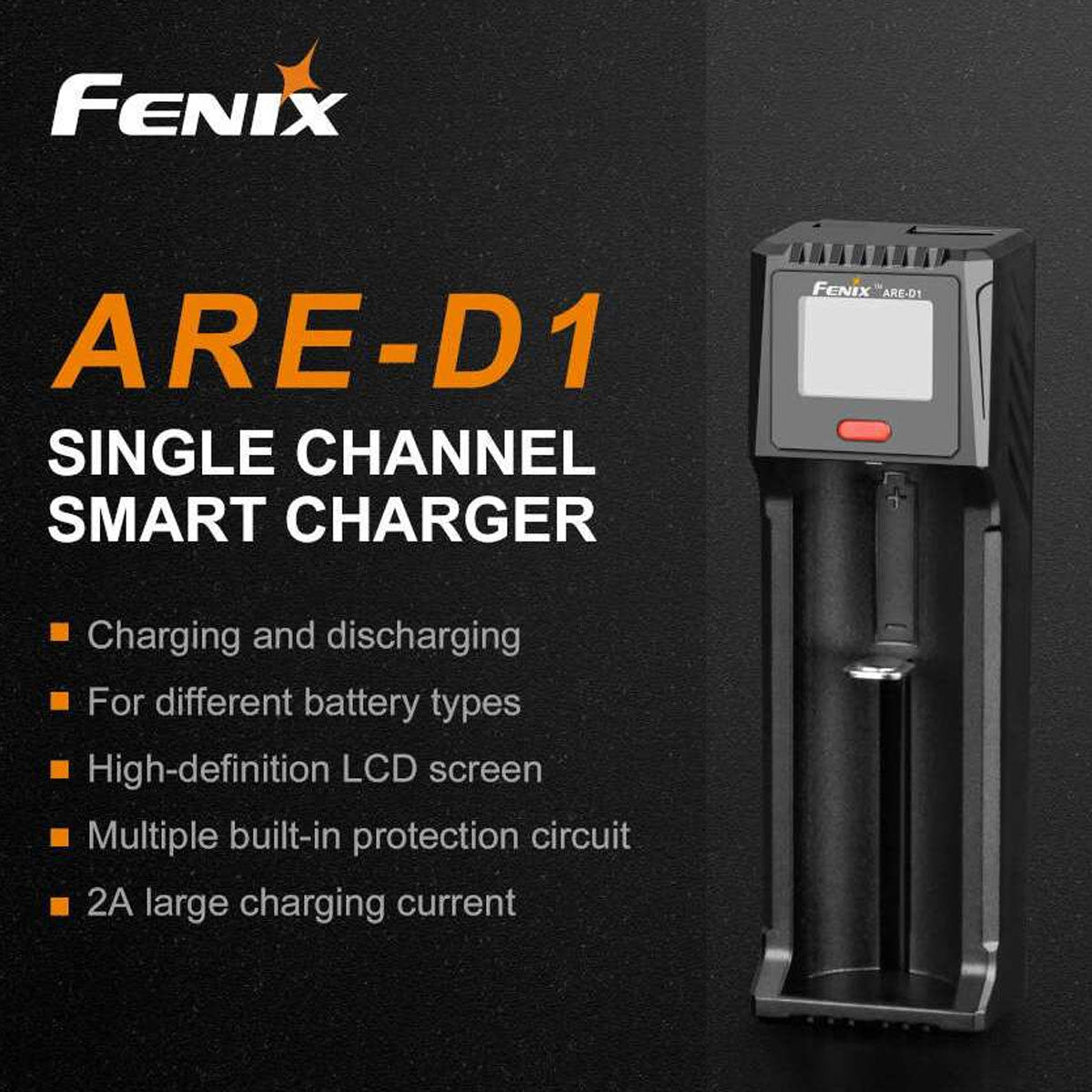 Fenix ARE-D1 Einschacht-Ladegerät passend für 21700, 18650, 26650, 16340, 14500, 10440 Li-Ion, NiMH und NiCd Akkus