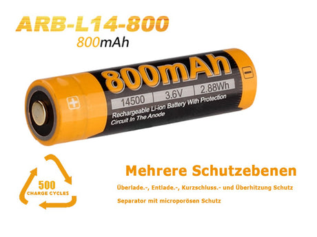 Fenix 14500 - 800mAh, 3,6V - 3,7V ARB-L14-800 Li-Ion-Akku (Pluspol erhöht)