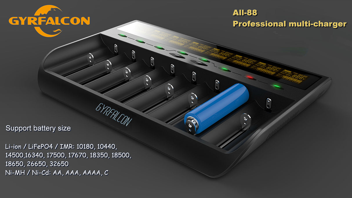 Enova Gyrfalcon All-88 - 8fach Akkuladegerät für Li-Ion, LiFePO4 & NiMH