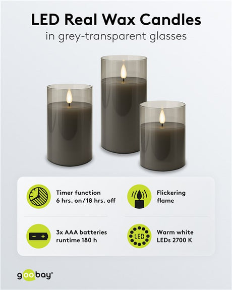 Goobay 3er-Set LED-Echtwachs-Kerzen im Glas mit Timerfunktion und 3D-Flammenkegel, batteriebetrieben, warmweiß (2700 K)