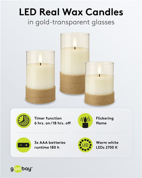 Goobay 3er-Set LED-Echtwachs-Kerzen im Glas, weiß, mit Hanf umwickelt - mit Timerfunktion und 3D-Flammenkegel, batteriebetrieben, warmweiß (2700 K)