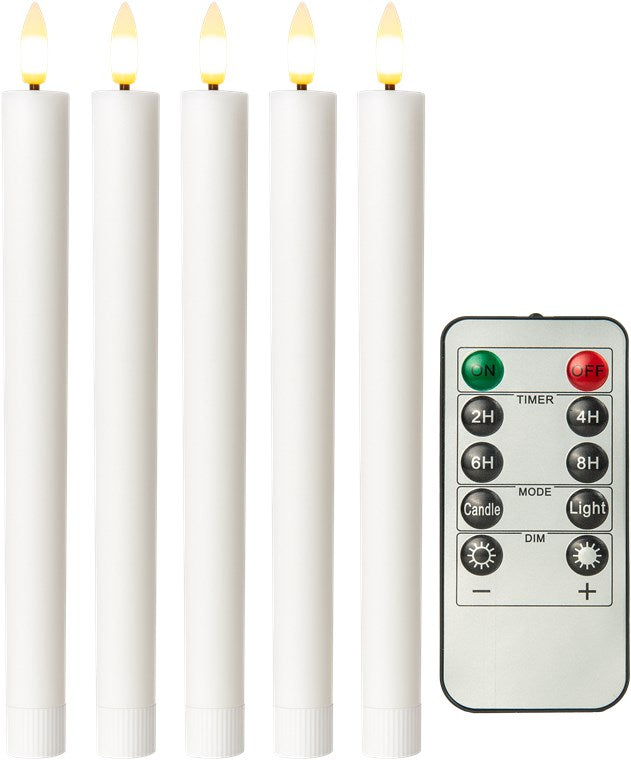 Goobay 5er-Set weiße LED-Echtwachs-Stabkerzen, inkl. Fernbedienung - mit Fernbedienung, Timerfunktion und 3D-Flammenkegel, batteriebetrieben, warmweiß (2400 K), dimmbar