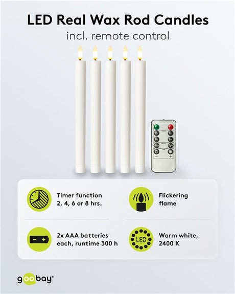 Goobay 5er-Set weiße LED-Echtwachs-Stabkerzen, inkl. Fernbedienung - mit Fernbedienung, Timerfunktion und 3D-Flammenkegel, batteriebetrieben, warmweiß (2400 K), dimmbar