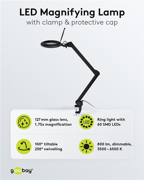 Goobay LED-Klemm-Lupenleuchte, 10 W, schwarz - 800 lm, Helligkeit & Lichtfarbe einstellbar, 127 mm Glaslinse, 1,75-fache Vergrößerung, 3 Dioptrien