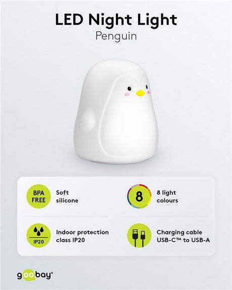 Goobay LED-Nachtlicht "Pinguin" - warmweißes Licht und 7 Farbwechsel (RGB-Licht), mit 3 Leuchtmodi, Touch-Sensor und Li-Ion-Akku (3,7 V/1200 mAh), aus weichem Silikon