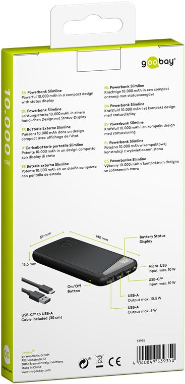 Goobay Powerbank Slimline 10.000 mAh - Leistungsstarke 10.000 mAh mit Status-Display
