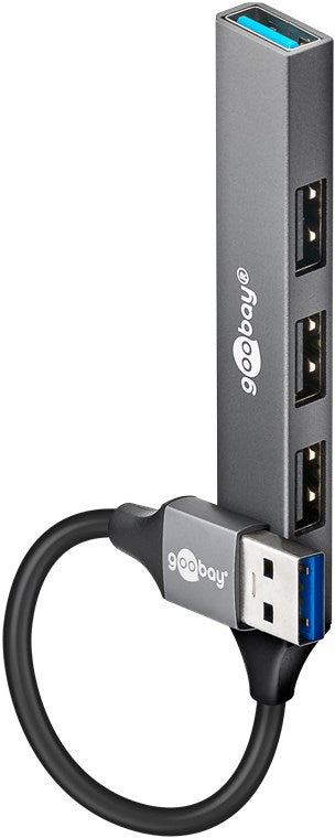 Goobay Slim 4-Port USB-Hub, USB-A auf USB-A, USB 3.2 - USB-A-Stecker (USB 3.2) > 1x USB-A-Buchse (USB 3.2), 3x USB-A-Buchse (USB 2.0)