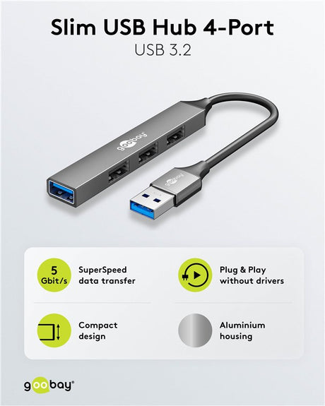 Goobay Slim 4-Port USB-Hub, USB-A auf USB-A, USB 3.2 - USB-A-Stecker (USB 3.2) > 1x USB-A-Buchse (USB 3.2), 3x USB-A-Buchse (USB 2.0)