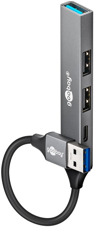 Goobay Slim 4-Port USB-Hub, USB-A auf USB-C™/USB-A, USB 3.2 - USB-A-Stecker (USB 3.2) > 1x USB-A-Buchse (USB 3.2), 1x USB-C™-Buchse (USB 2.0), 2x USB-A-Buchse (USB 2.0)