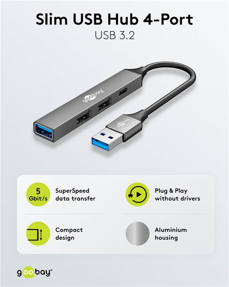 Goobay Slim 4-Port USB-Hub, USB-A auf USB-C™/USB-A, USB 3.2 - USB-A-Stecker (USB 3.2) > 1x USB-A-Buchse (USB 3.2), 1x USB-C™-Buchse (USB 2.0), 2x USB-A-Buchse (USB 2.0)