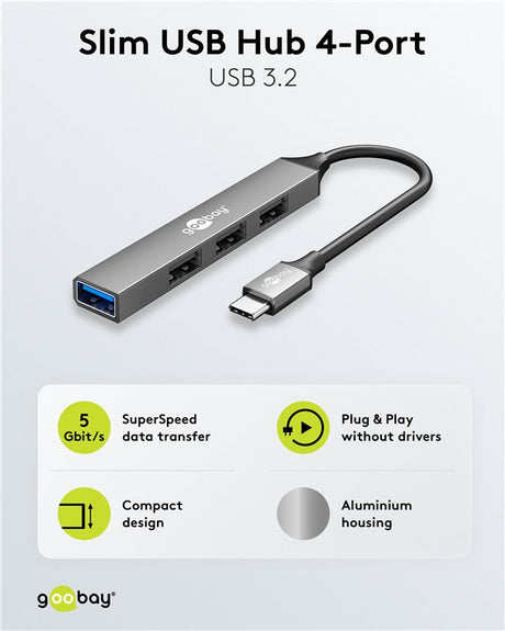 Goobay Slim 4-Port USB-Hub, USB-C™ auf USB-A, USB 3.2 - USB-C™-Stecker (USB 3.2) > 1x USB-A-Buchse (USB 3.2), 3x USB-A-Buchse (USB 2.0)
