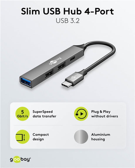 Goobay Slim 4-Port USB-Hub, USB-C™ auf USB-C™/USB-A, USB 3.2 - USB-C™-Stecker > 1x USB-A-Buchse (USB 3.2), 1x USB-C™-Buchse (USB 2.0), 2x USB-A-Buchse (USB 2.0)
