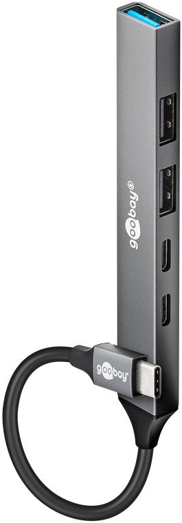 Goobay Slim 5-Port USB-Hub, USB-C™ auf USB-C™/USB-A, USB 3.2 - USB-C™-Stecker (USB 3.2) > 1x USB-C™-Buchse (USB 2.0), 1x USB-C™-Buchse (PD), 1x USB-A-Buchse (USB 3.2), 2x USB-A-Buchse (USB 2.0)