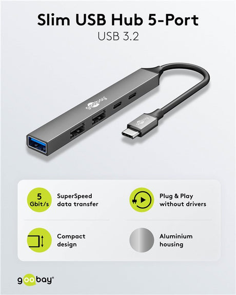 Goobay Slim 5-Port USB-Hub, USB-C™ auf USB-C™/USB-A, USB 3.2 - USB-C™-Stecker (USB 3.2) > 1x USB-C™-Buchse (USB 2.0), 1x USB-C™-Buchse (PD), 1x USB-A-Buchse (USB 3.2), 2x USB-A-Buchse (USB 2.0)